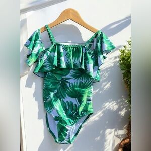Marina West kids Ruffle off The shoulder Leaves print one piece Swimsuit NWT